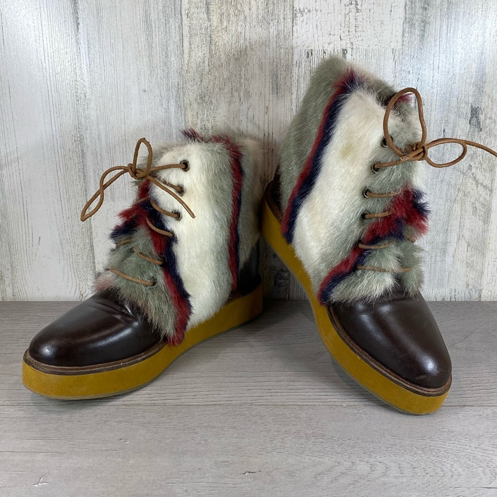 Faux Fur Lace-Up Ankle Boots - Brown and Multicolor